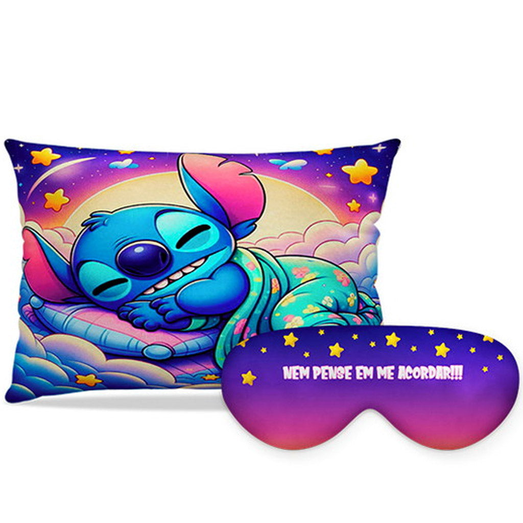 Kit Stitch personalizado: almofada retangular e máscara de dormir, estampa roxo e estrelas.