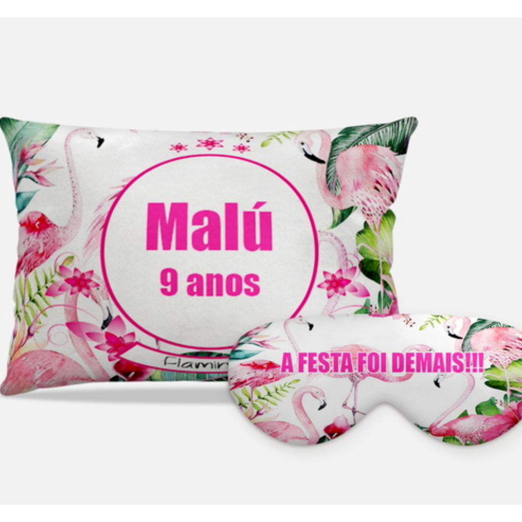 Kit Flamingo personalizado: almofada retangular e máscara de dormir, estampa flores rosa.