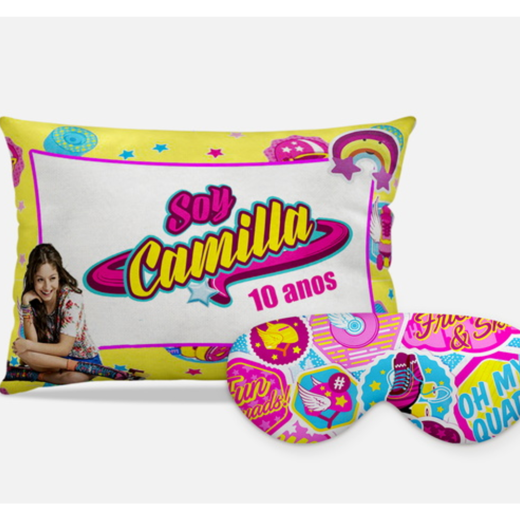Kit Soy Luna personalizado: almofada retangular e máscara de dormir, estampa rosa e amarelo.