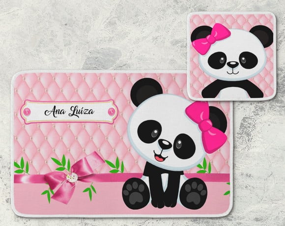 Jogo americano Panda, rosa com laço e flores, com porta-prato e porta-copo.