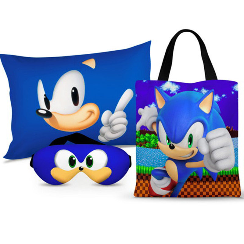 Kit Sonic personalizado: almofada 20x30 cm, ecobag 25x32 cm e máscara de dormir, estampa azul.