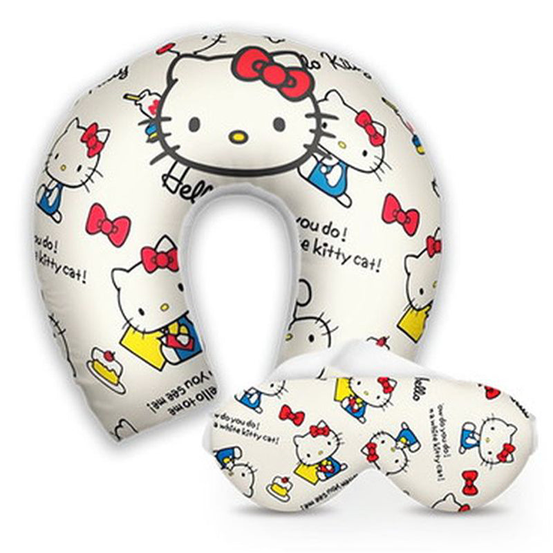 Kit infantil Hello Kitty: almofada de pescoço e máscara de dormir personalizadas, estampa branco.