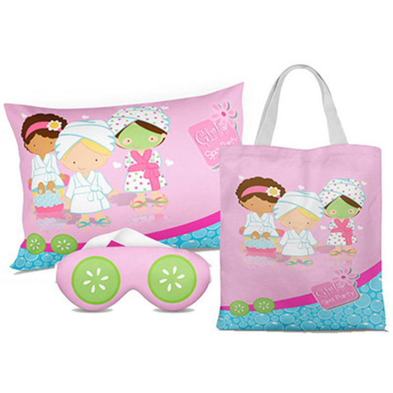 Kit Spa personalizado: almofada 20x30 cm, ecobag 25x32 cm e máscara de dormir, estampa rosa e verde.