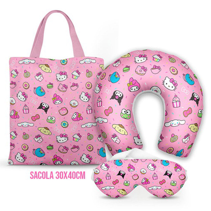 Kit Hello Kitty personalizado: almofada de pescoço infantil, ecobag 36x42 cm e máscara de dormir, estampa ícones rosa.