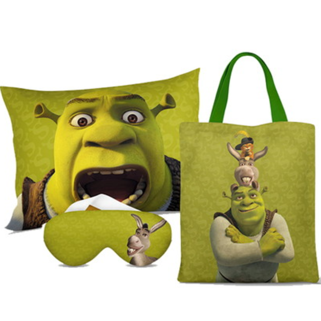 Kit Shrek personalizado: almofada 20x30 cm, ecobag 25x32 cm e máscara de dormir, estampa rosto verde.