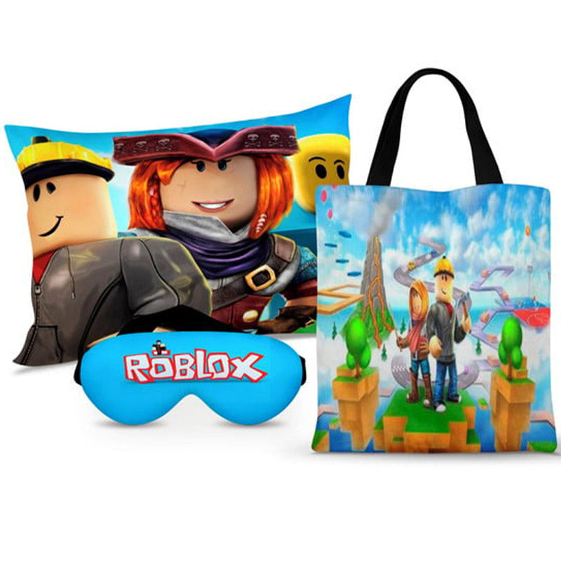 Kit Roblox personalizado: almofada 20x30 cm, ecobag 25x32 cm e máscara de dormir, estampa azul.