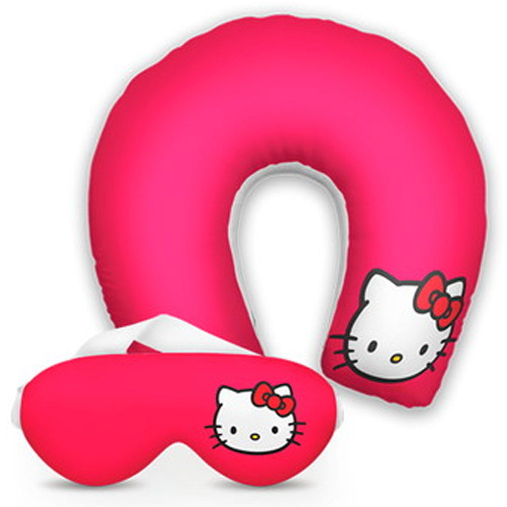 Kit infantil Hello Kitty: almofada de pescoço e máscara de dormir personalizadas, estampa rosa.