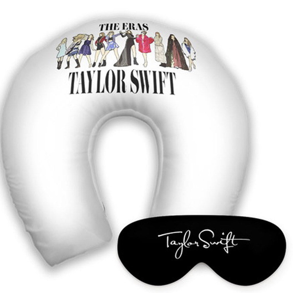 Kit infantil Taylor Swift: almofada de pescoço e máscara de dormir personalizadas, estampa branco.
