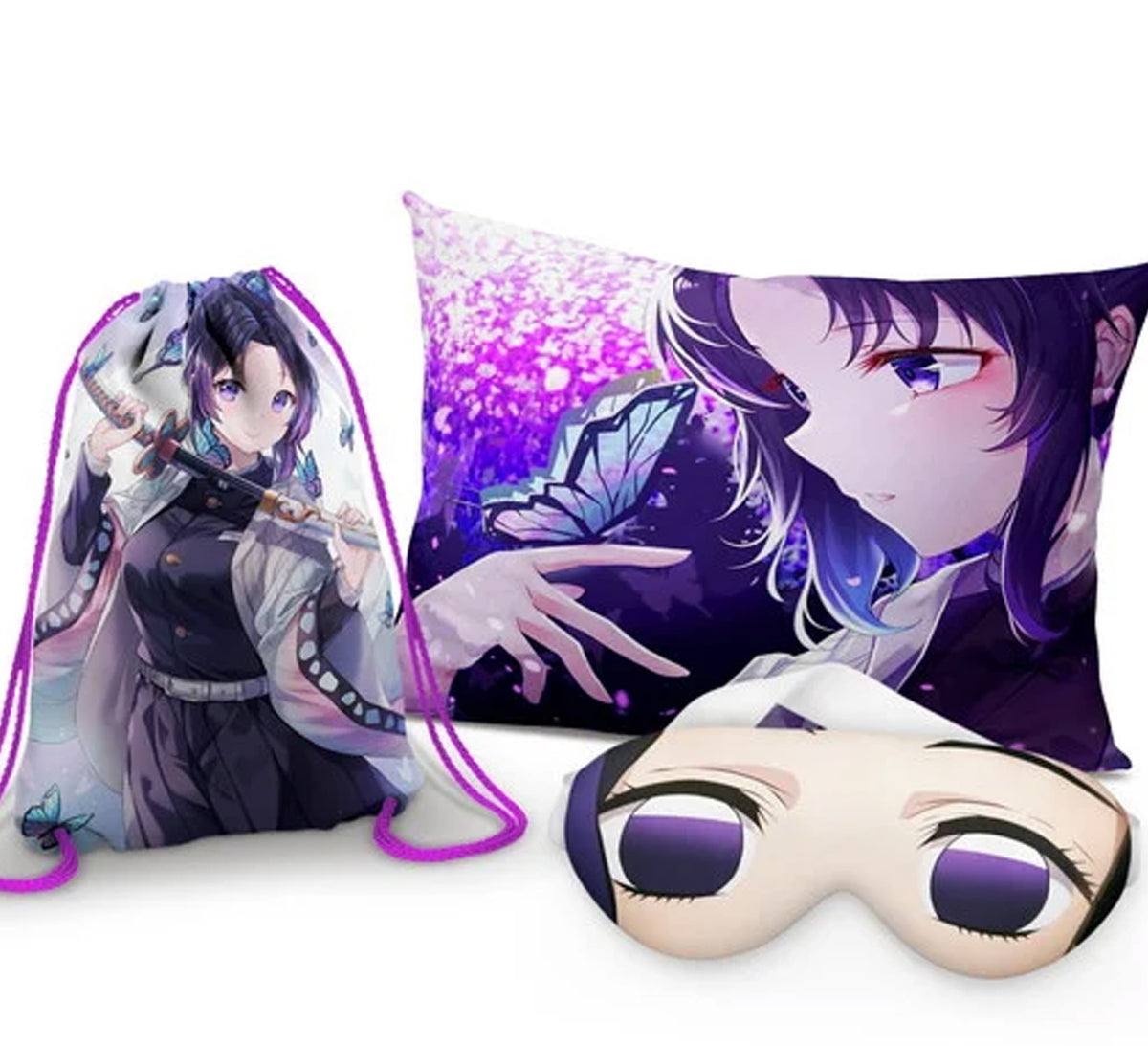 Kit Shinobu, roxo com personagem, com almofada, sacochila e máscara de dormir.