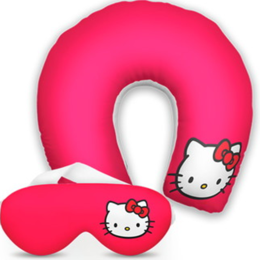 Kit infantil Hello Kitty: almofada de pescoço e máscara de dormir personalizadas, estampa rosa.