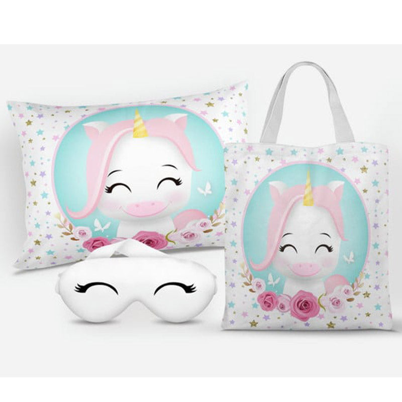 Kit Unicórnio personalizado: almofada 20x30 cm, ecobag 25x32 cm e máscara de dormir, estampa flores.