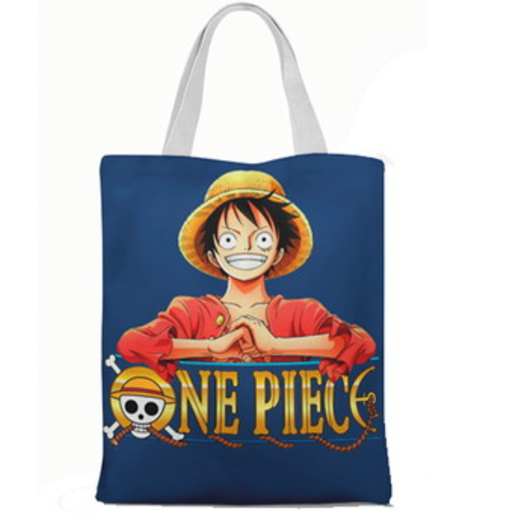 Ecobag personalizada One Piece: azul com luffy, com alças.