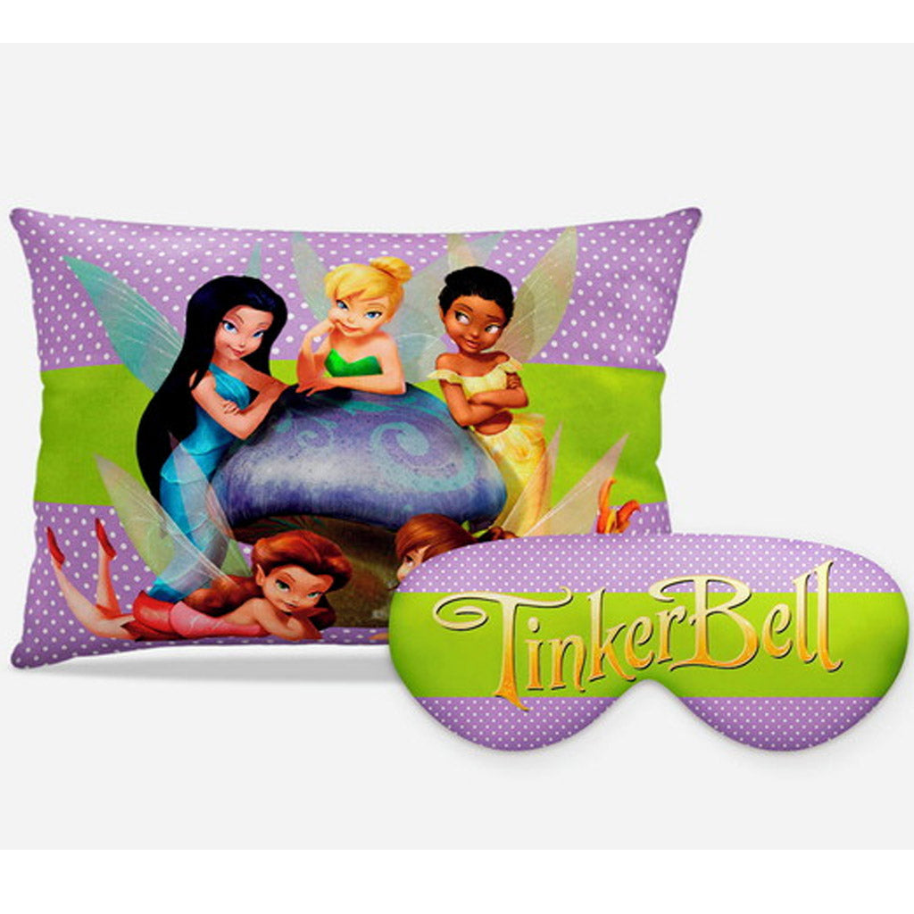 Kit Sininho personalizado: almofada retangular e máscara de dormir, estampa verde e lilás.