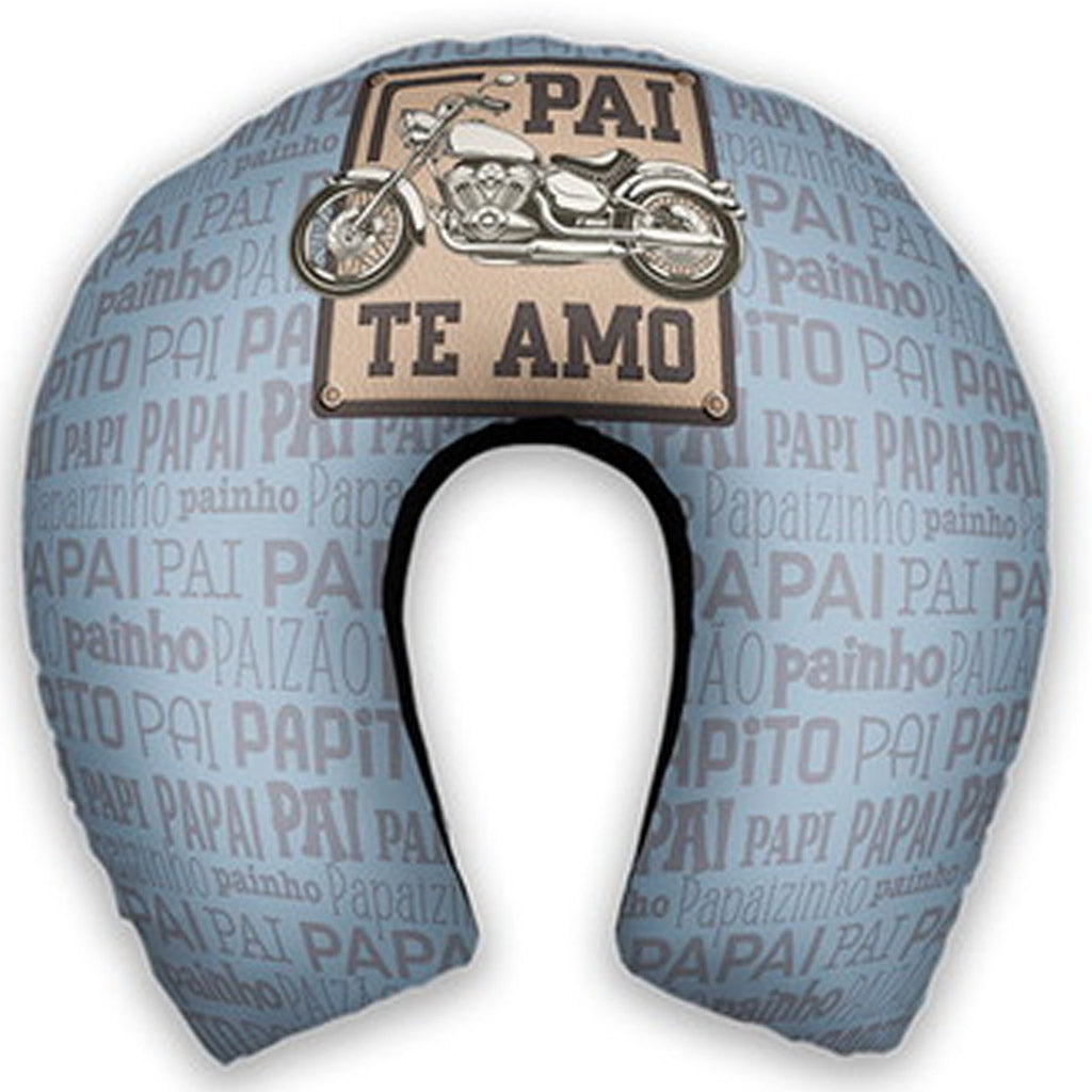 Almofada de pescoço adulto personalizada: fundo azul com letras e desenho de motocicleta.
