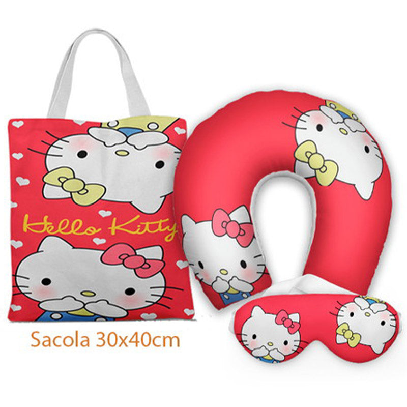 Kit Hello Kitty personalizado: almofada de pescoço infantil, ecobag 36x42 cm e máscara de dormir, estampa vermelho.