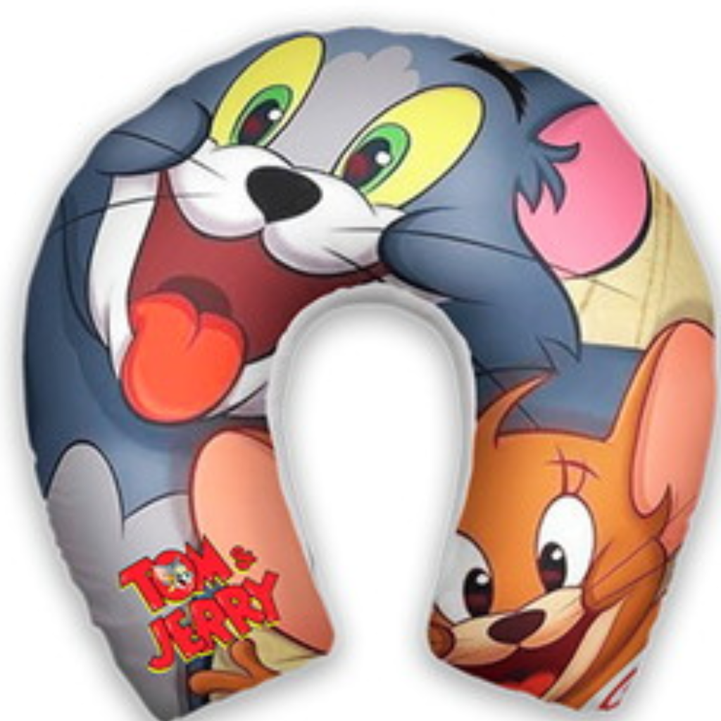 Almofada de pescoço infantil Tom e Jerry: rostos de Tom e Jerry em destaque em uma composição colorida.