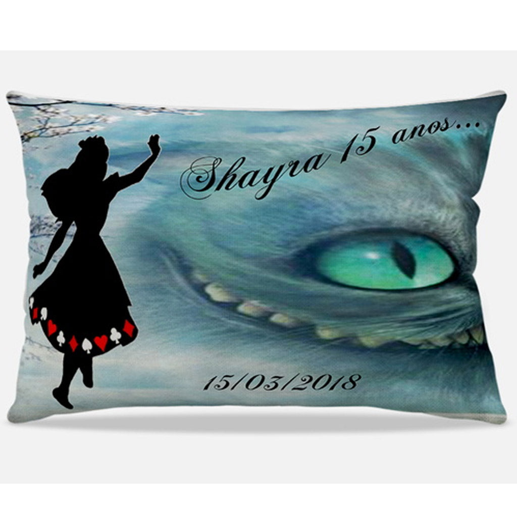 Almofada personalizada Retangular: Alice com Gato e Fundo Azul