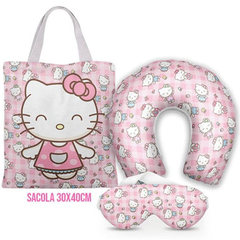 Kit Hello Kitty personalizado: almofada de pescoço infantil, ecobag 36x42 cm e máscara de dormir, estampa flores rosa.