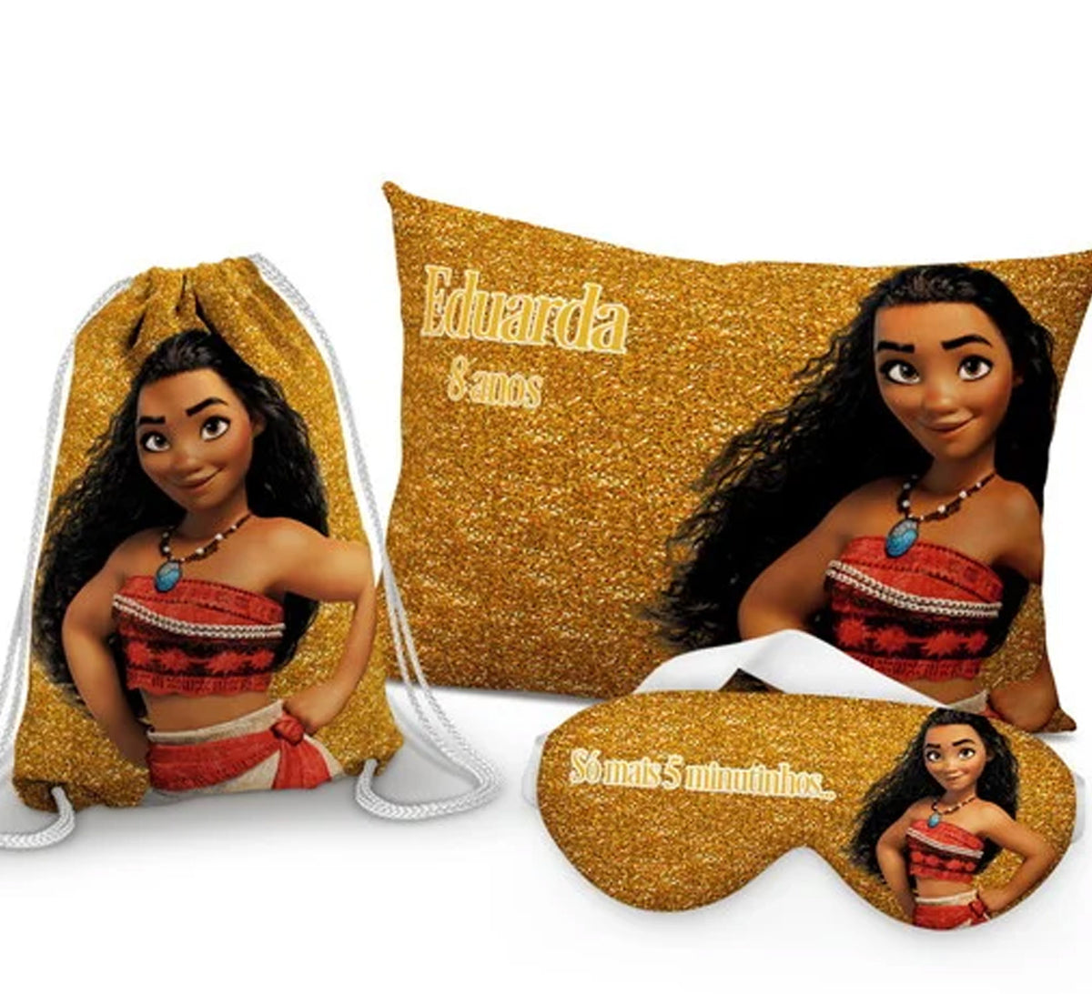Kit Moana, amarelo com flores, com almofada, sacochila e máscara de dormir.
