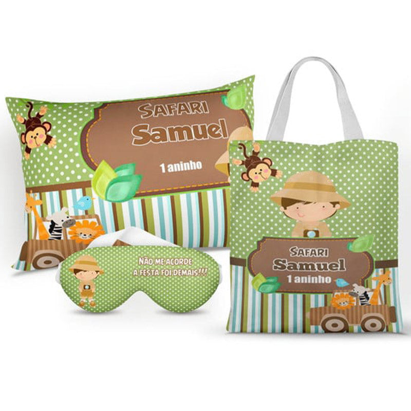 Kit Safari personalizado: almofada 20x30 cm, ecobag 25x32 cm e máscara de dormir, estampa verde.