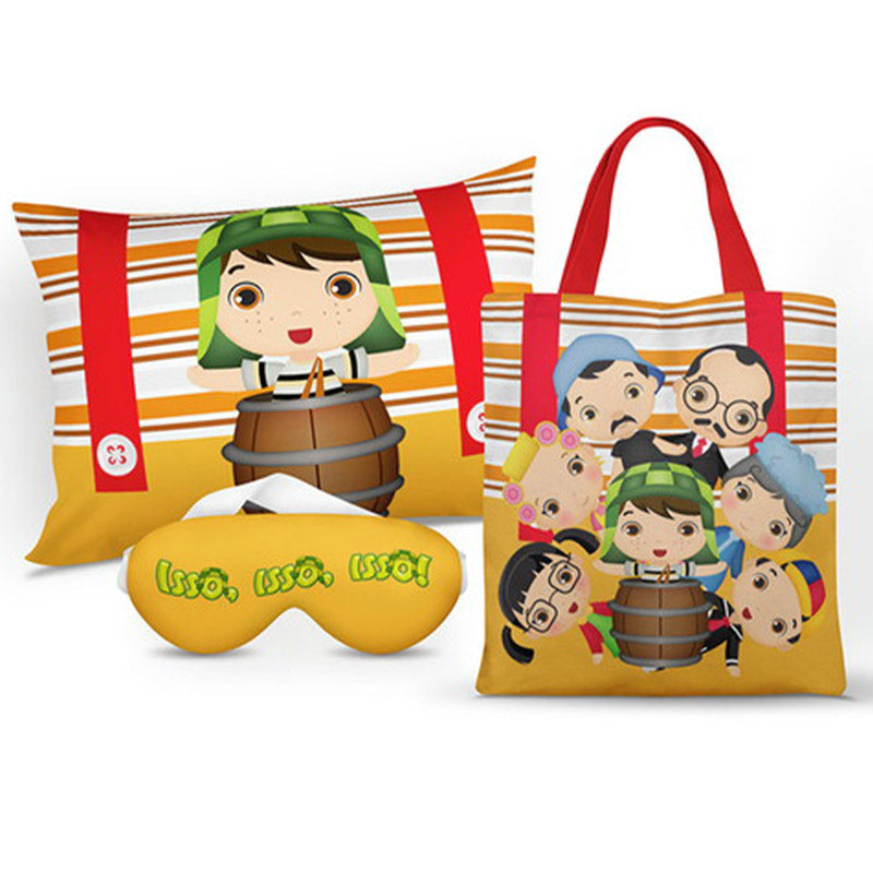 Kit Chaves personalizado: almofada 20x30 cm, ecobag 25x32 cm e máscara de dormir, estampa listrado.