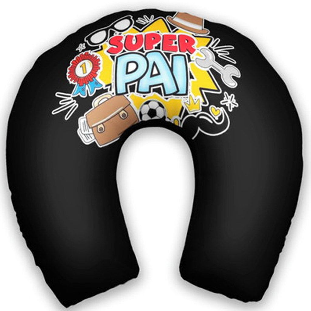 Almofada de pescoço adulto personalizada: fundo preto, frase colorida e ícones de acessórios.
