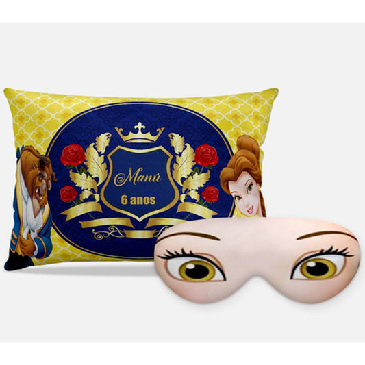 Kit A Bela e a Fera personalizado: almofada retangular e máscara de dormir, estampa brasão.