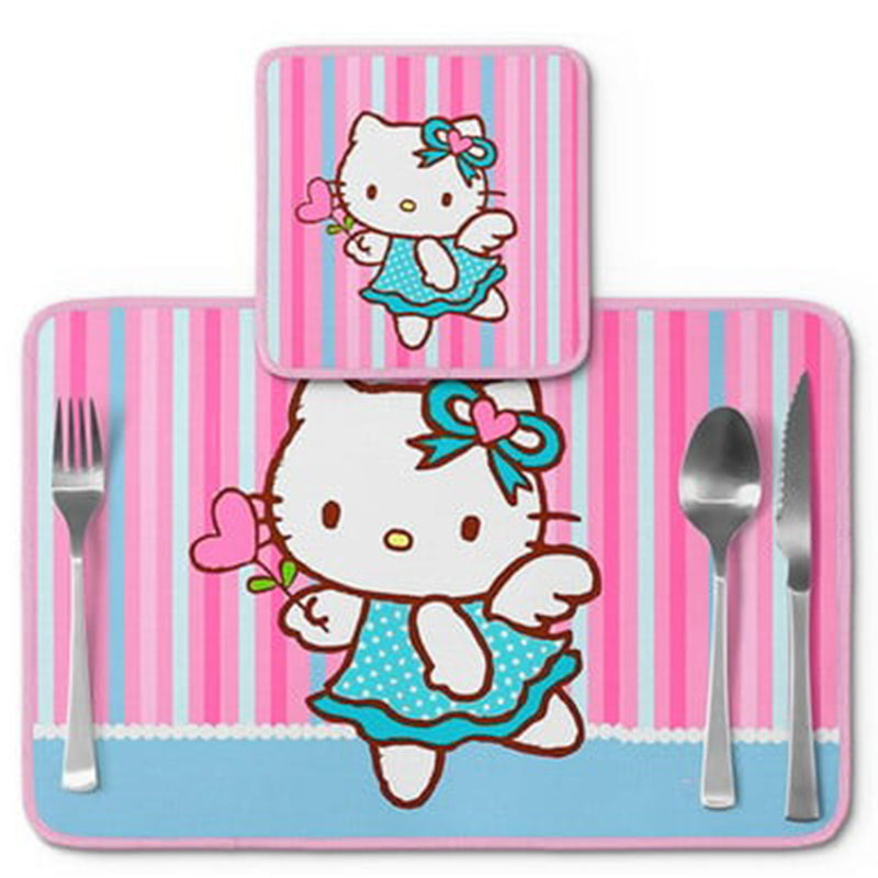Jogo americano Hello Kitty, rosa e azul com listras, com porta-prato e porta-copo.