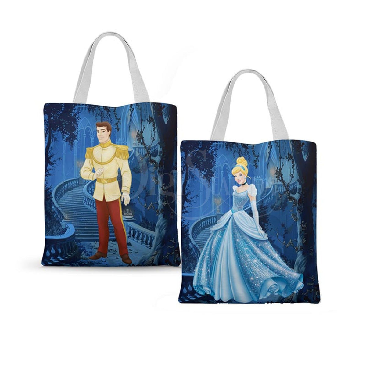 Ecobag personalizada Cinderela: azul com castelo, com alças.