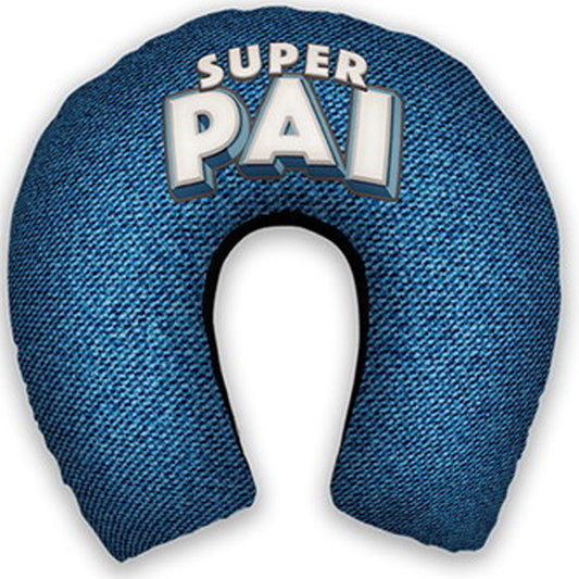 Almofada de pescoço adulto personalizada: estampa que imita jeans azul e frase Super Pai em branco.
