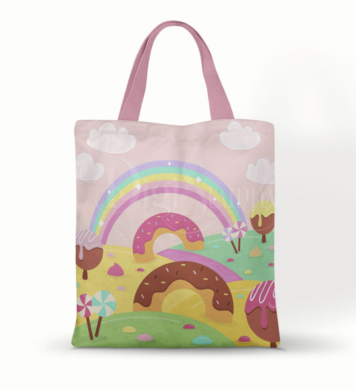 Ecobag personalizada Confeitaria: rosa com arco-íris, com alças.