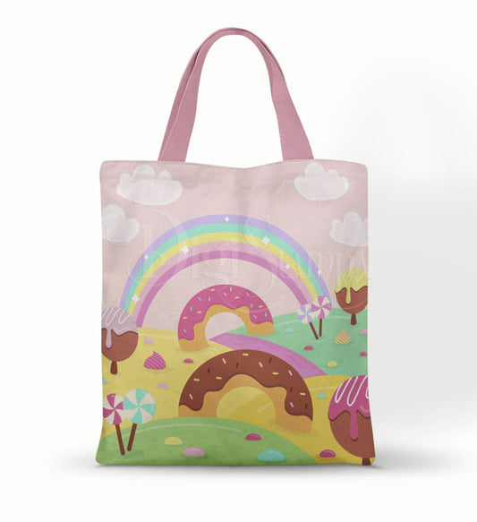 Ecobag personalizada Confeitaria: rosa com arco-íris, com alças.