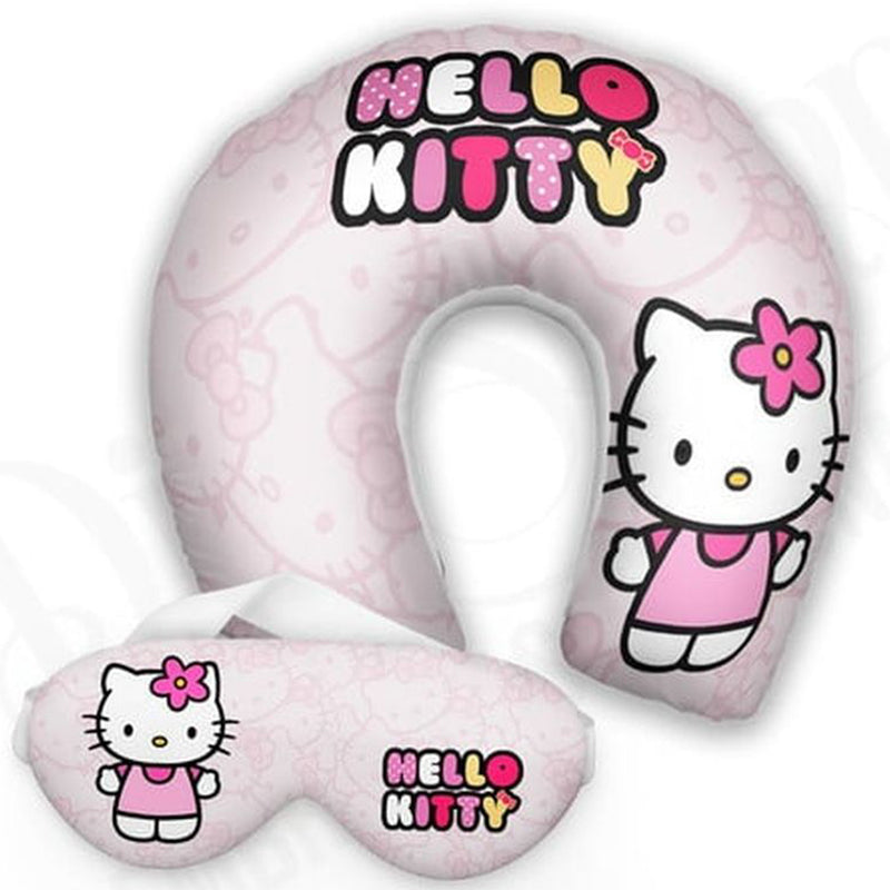 Kit infantil Hello Kitty: almofada de pescoço e máscara de dormir personalizadas, estampa flores.