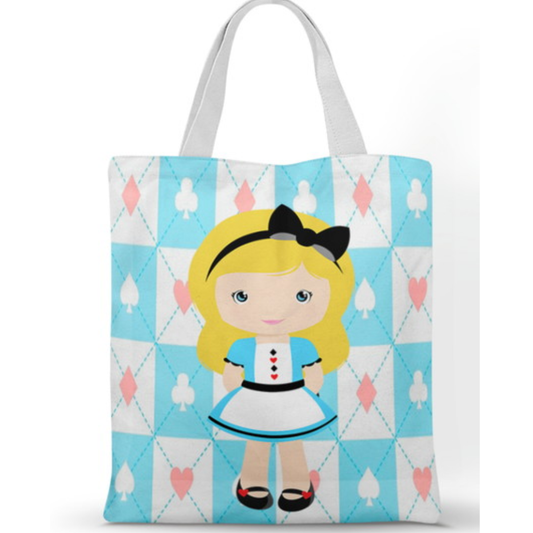 Ecobag personalizada Alice: losangos azuis e rosas, com alças.