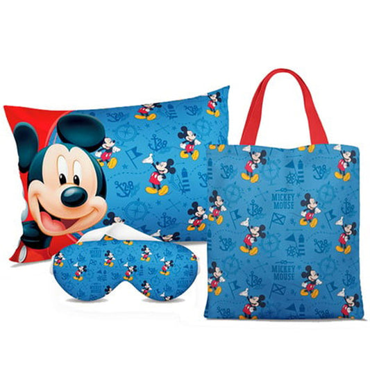 Kit Mickey personalizado: almofada 20x30 cm, ecobag 25x32 cm e máscara de dormir, estampa azul.