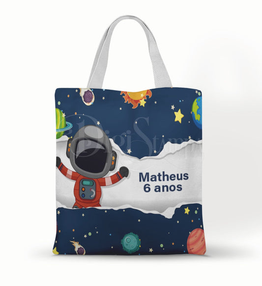 Ecobag personalizada Astronauta: azul com faixa branca, com alças.