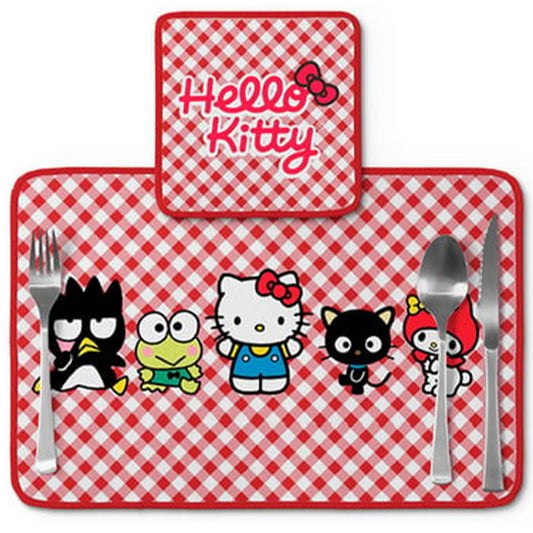 Jogo americano Hello Kitty, xadrez vermelho, com porta-prato e porta-copo.