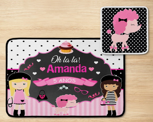 Jogo americano Paris, rosa e preto com poás, com porta-prato e porta-copo.