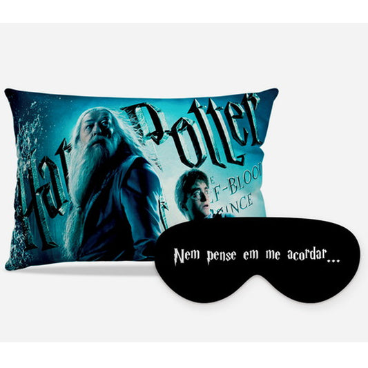 Kit Harry Potter personalizado: almofada retangular e máscara de dormir, estampa azul.