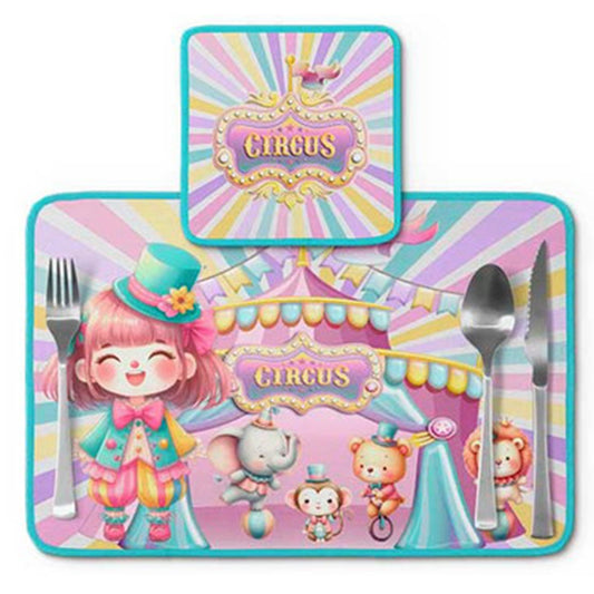Jogo americano Circo, rosa com listras pastel, com porta-prato e porta-copo.