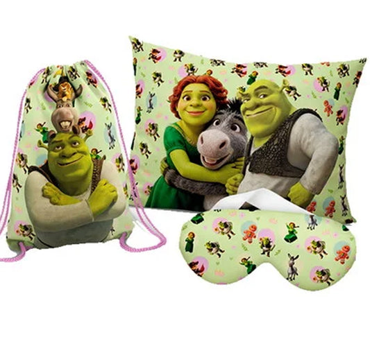 Kit Shrek, verde com personagens, com almofada, sacochila e máscara de dormir.