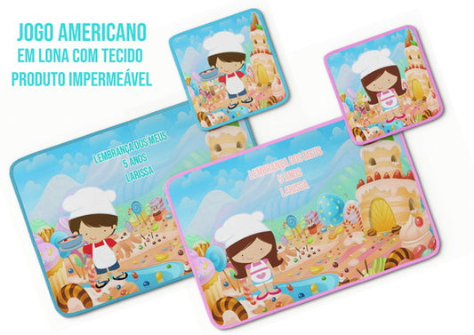 Jogo americano Confeitaria, azul com doces, com porta-prato e porta-copo.