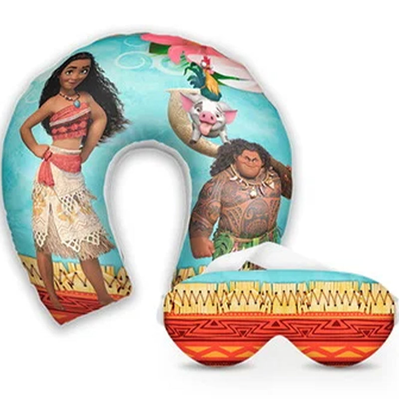 Kit infantil Moana: almofada de pescoço e máscara de dormir personalizadas, estampa azul.
