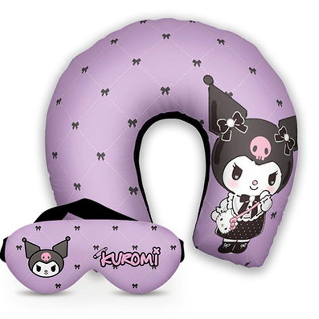 Kit infantil Kuromi: almofada de pescoço e máscara de dormir personalizadas, estampa lilás.