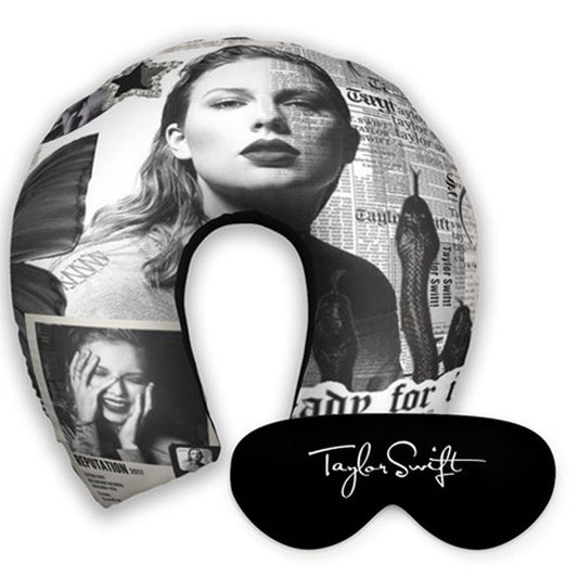 Kit infantil Taylor Swift: almofada de pescoço e máscara de dormir personalizadas, estampa cinza.