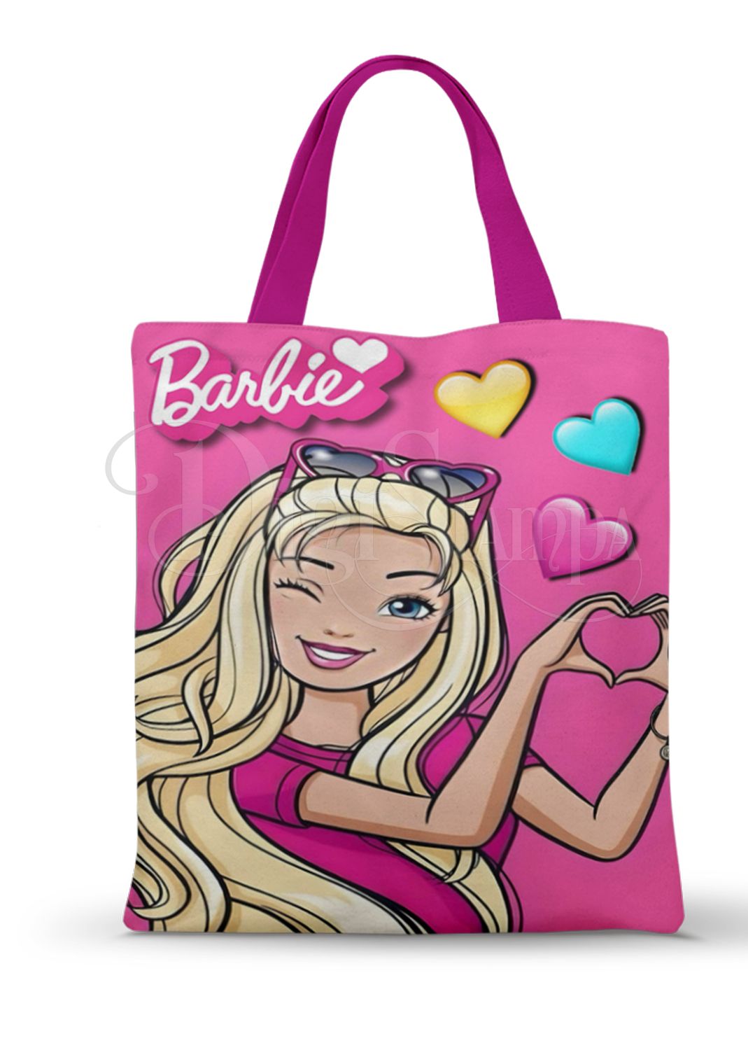 Ecobag personalizada Barbie: rosa com corações, com alças.