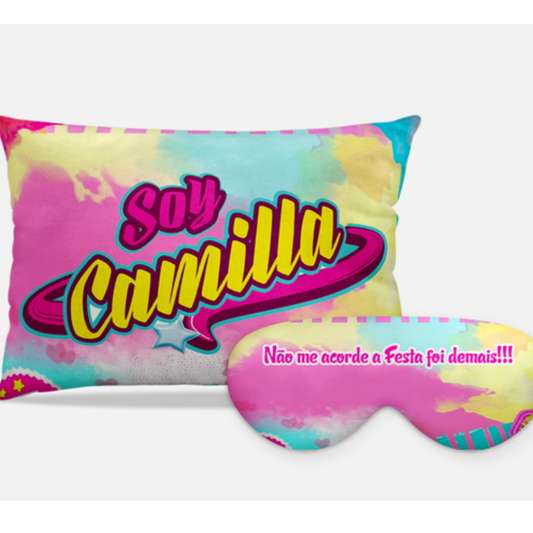 Kit Soy Luna personalizado: almofada retangular e máscara de dormir, estampa colorido.