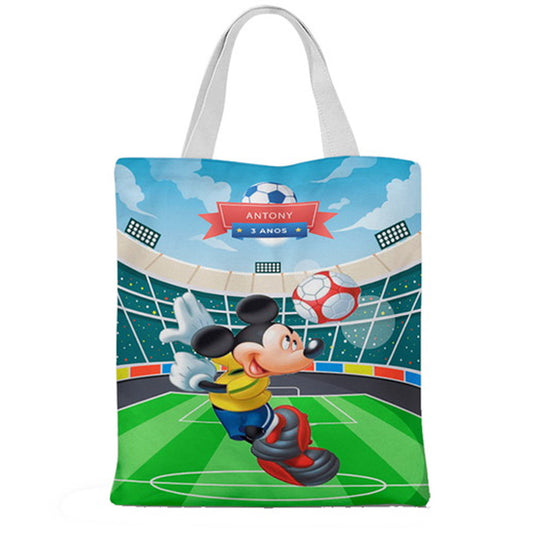 Ecobag personalizada Mickey Futebol: verde com campo, com alças.