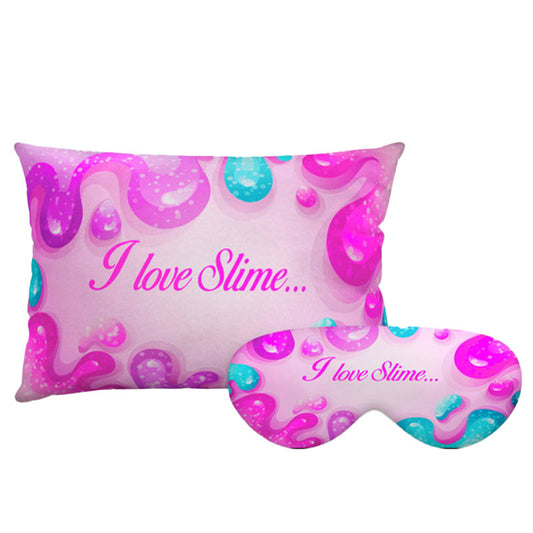 Kit Slime personalizado: almofada retangular e máscara de dormir, estampa rosa.