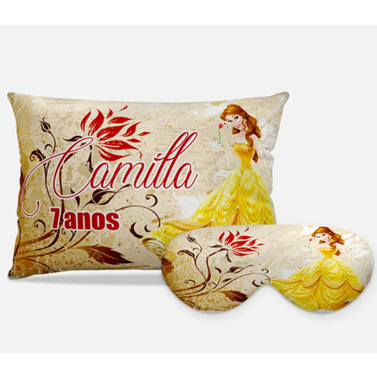 Kit A Bela e a Fera personalizado: almofada retangular e máscara de dormir, estampa flores.